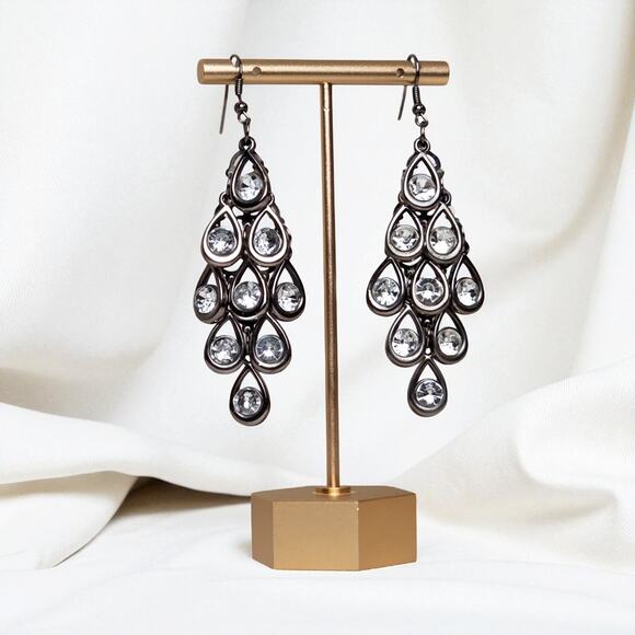 Metal Fashion Pewter Rhinestone Drop Dangle Statement Earrings - Picture 1 of 2